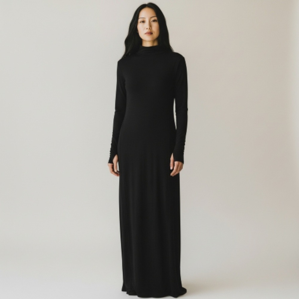 Nouveau Black Velvet Mock Neck Long Sleeve Maxi Dress Womens M USA Holiday